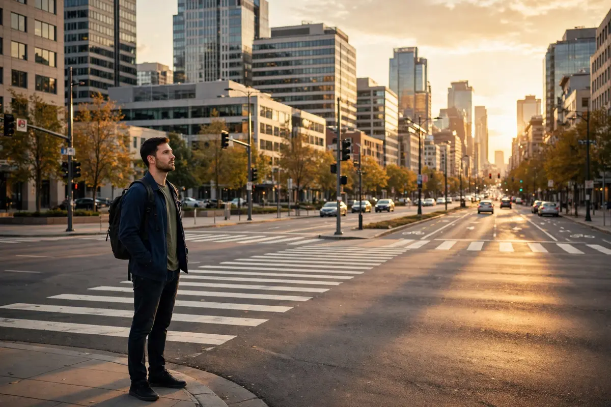 Professional at a city crossroads during his career journey